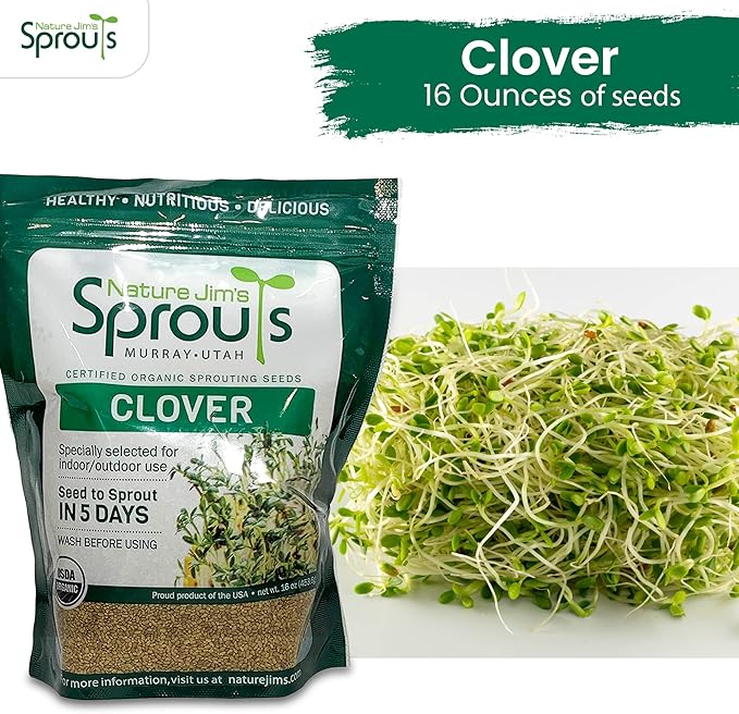 Nature Jims Sprout/Sprouting Seeds, Clover – Organic Non-GMO Premium Resealable Bag for Longer Freshness Rich in Vitamins, Minerals, Fiber, 16 oz
