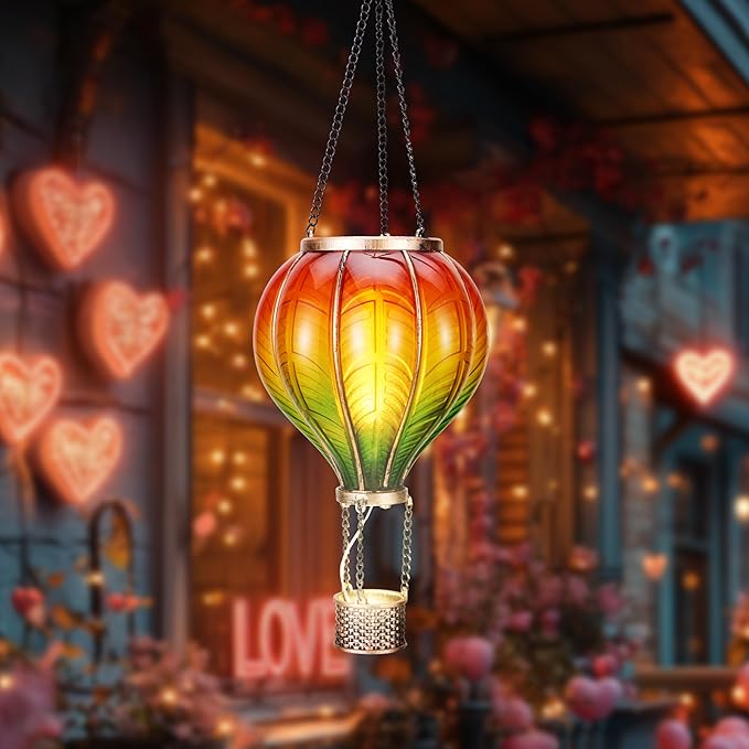 TERESA'S COLLECTIONS Hot Air Balloon Solar Lantern for Garden Decor ,Flickering Flame Hanging Solar Light for Outdoor ,Orange & Green Plastic Lamp for Yard Tree Gift for Mom