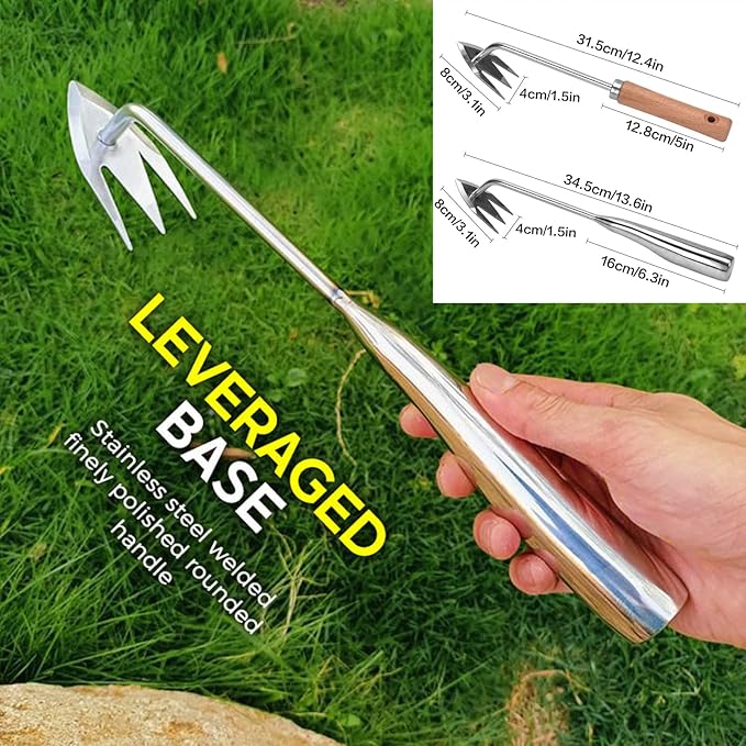 Amposei Stainless Steel Multifunctional Weeder, Hand Weeder Tool Stand Up Weed Puller Tool with Long Handle, V-Shaped Light Duty Hand Weeder for Lawn Garden Yard Farmland Weed Removal (Wood Handle)