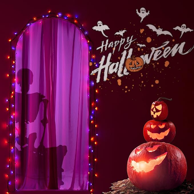 Halloween 200 LED String Lights, 72FT Orange and Purple Halloween Lights Outdoor Decorative,11 Modes with Remote Plug in Halloween Indoor Lights for Halloween Yard Party Decorations