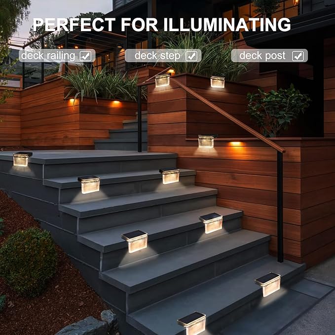 Solar Deck Lights 8 Pack, Solar Step Lights IP65 Waterproof Solar Powered Outdoor Led Lights for Fence Railing Wall Pool Stair Yard Garden Patio Pool Decorations (Warm White)