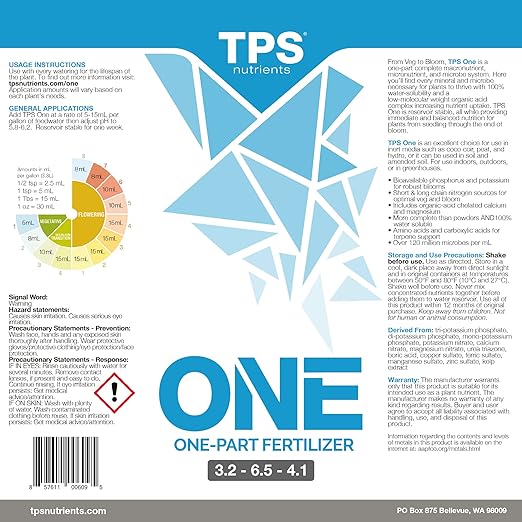 TPS NUTRIENTS One Liquid One Part Plant Nutrient from Veg to Bloom, for Lush Growth and Dense Flowers 1 Quart (32 oz)