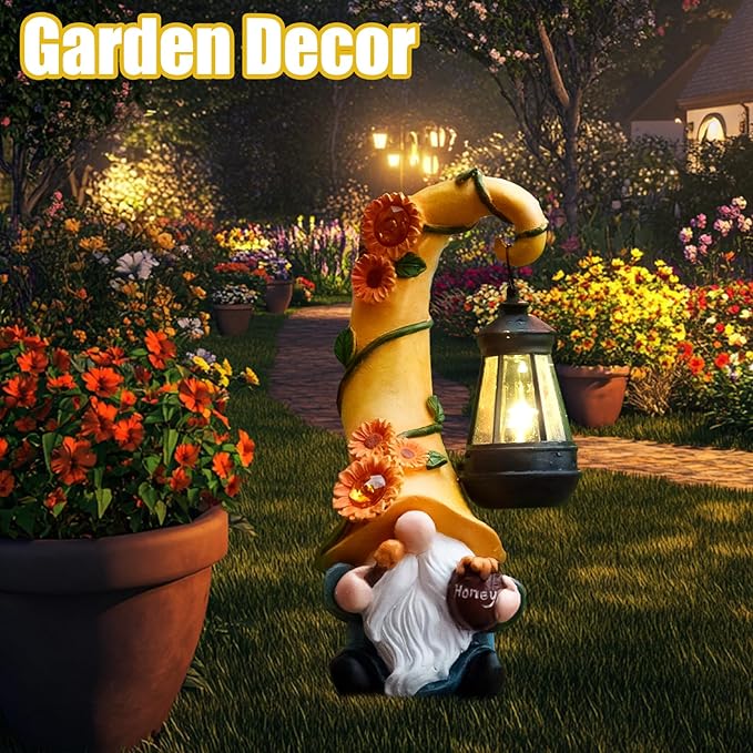 Twinbling12 Solar Sunflower Gnome Garden Statues Honey Bee jar Decor with LED Lantern Outdoor Summer Gnomes Decorations Patio Yard Balcony Art Gifts for Women Mom Grandma