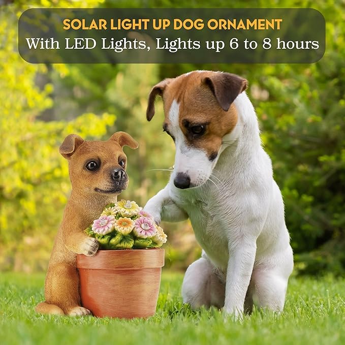 Muldale Solar Dog Statues Outdoor - Solar Powered Outdoor Dog Garden Statue - Hand Painted Floral Plant Pot Light Up