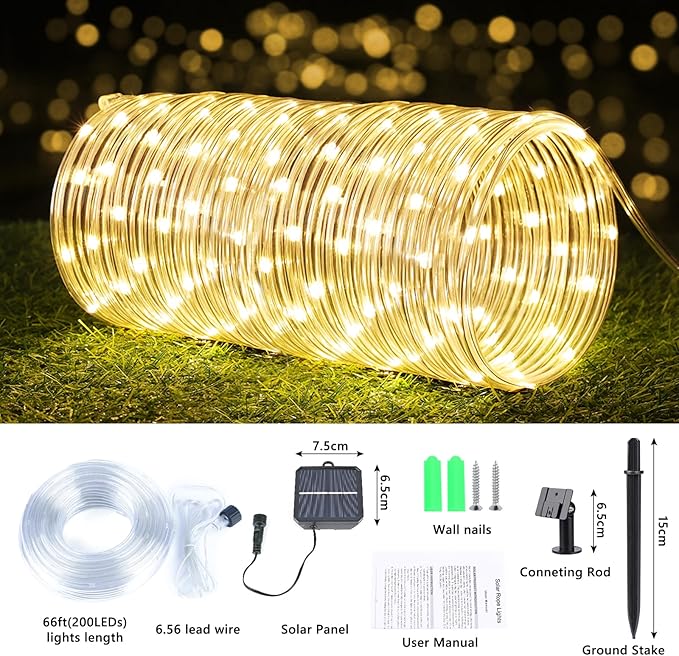 Solar Rope Lights, 66ft 200LED String, 8 Modes Waterproof Powered Outdoor, Flexible Clear Tube for Garden, Backyard, Patio, Deck, Porch, Pool, Tree Decor - Warm White