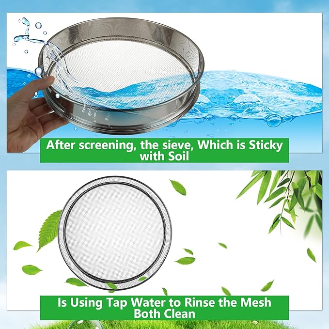 2 Pack Soil Sifter for Gardening 12 Inch Sand Soil Compost Sifter 304 Stainless Steel Mesh Screen Dirt Sifter for Garden Sand Rocks Dirt Compost, 1/8 Inch Mesh