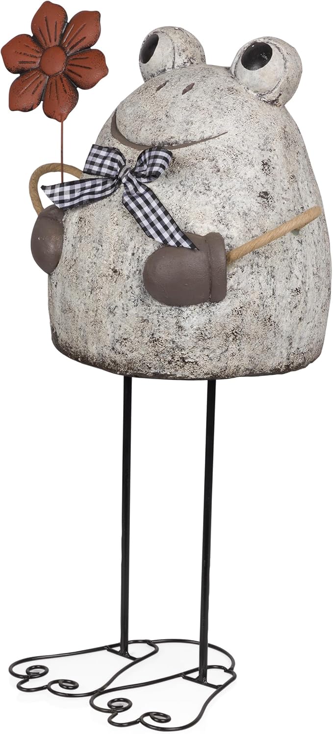 Alpine Corporation MCC860 Indoor/Outdoor Frog with Flower Garden Statue, Stone Finish Frog Statue for Yard, 24" H, Silver