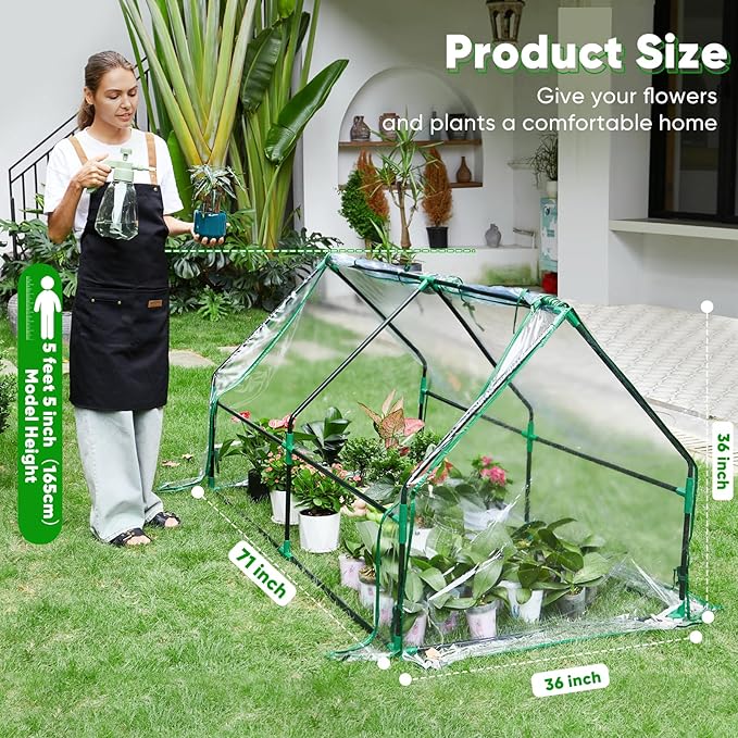 Greengro Mini Greenhouse, 71" x 36" x 36" Portable Greenhouses for Outdoors with Roll-up Zipper Door, Ground Stakes & 20 T-Shaped Plant Tags, Waterproof UV-Resistant Green House for Indoor