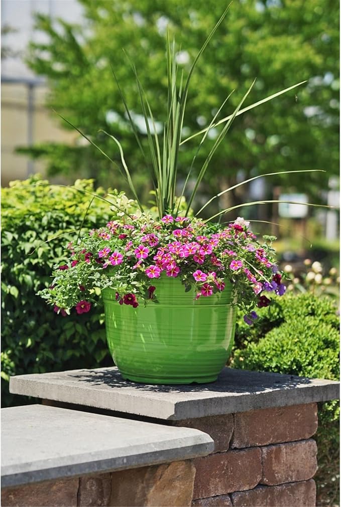Garden Elements Indoor/Outdoor Glazed Brushed Happy Plastic Planter, Large, Bright Green, 15"