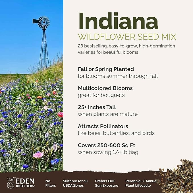 Eden Brothers Indiana Wildflower Mixed Seeds for Planting, 1/4 lb, 120,000+ Seeds with Sweet William, Cornflower | Attracts Pollinators, Plant in Spring or Fall, Zones