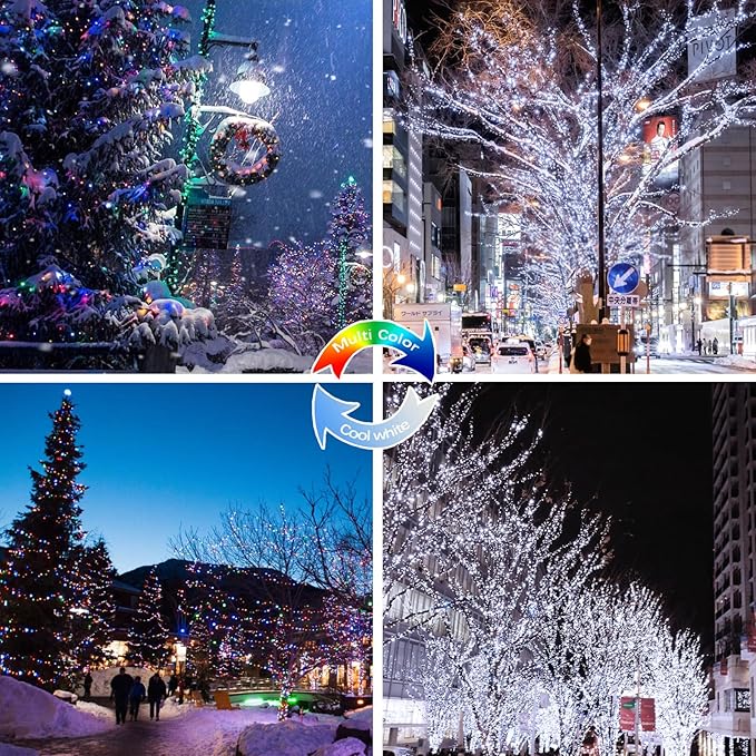 (Cool White ⇋ Multicolor) Solar Christmas String Lights Outdoor, 2-Pack 80FT 200 LED Waterproof Silver Wire, Solar Twinkle Lights with 8 Modes Solar Fairy Light for Tree Garden Wedding Christmas Decor