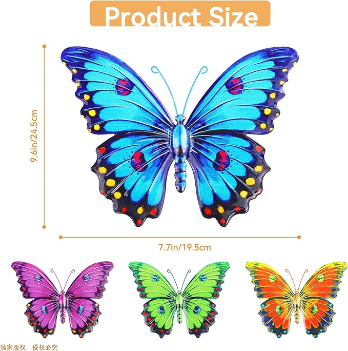 ULENDIS Metal Butterfly Wall Decor, 9.6" 3D Outdoor Fence Wall Art Decor, Hanging Decoration for Garden Backyard Living Room Balcony Patio Indoor, Gift for Mom Kids Family Friends(4 Pack)