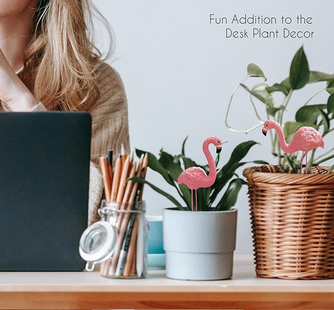 Mini Flamingos Figurines with Stakes - Set of 4 Small Flamingos Garden Gifts for Women Resin for Flower/Plant Pot Decorations - Miniature Fairy Garden