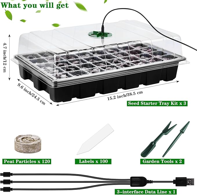 3 Pack Seed Starter Tray Kit with Grow Light Germination Trays with Humidity Dome, 120 Peat Pellets, Gardening Tools, Plant Labels, Plant Growing Trays for Seeds Growing Starting, Black