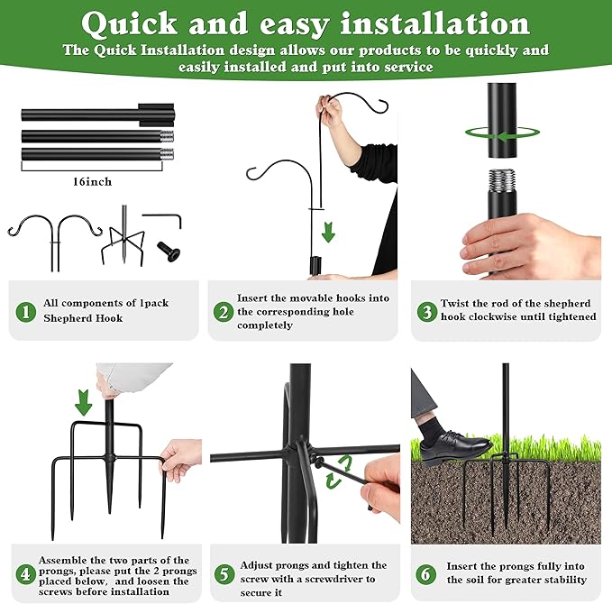 Double Shepherds Hooks for Outdoor (1Pack,76 inch) Heavy Duty Adjustable Bird Feeder Pole Garden Decor Shepherds Hook for Hanging Bird Feeder, Plant Baskets, Hummingbird Feeder for Outside