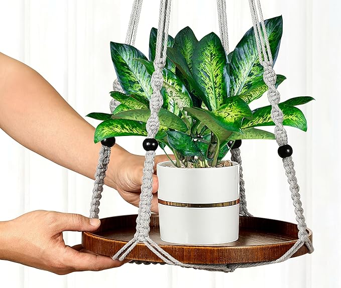 2 Pack Macrame Plant Hanger | Plant Hanger Indoor, Hanging Planter Shelf | Hanging Planter (Light Grey) (1 Large + 1 Medium)