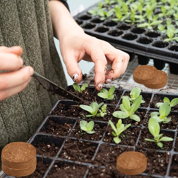 ZeeDix 50pcs(50mm) Coco Coir Pellets Potting Soil Indoor Plants, Compressed Coconut Coir Soil Pellets Seed Starting Pellets Soil Discs for Planting Flowers Bonsai Herbs Plants and Vegetables