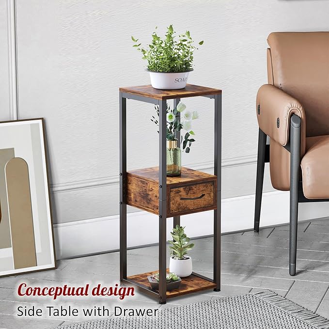 Tall Plant Stands Indoor, 3 Tier Plant Table with Fabric Drawer , Corner Plant Stands for Indoor Plants Multiple, Small Side Table for Indoor Plants, Tall Plant Table