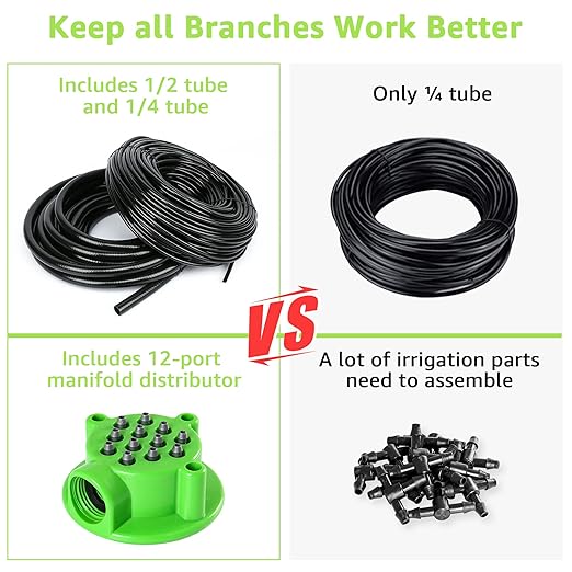 Bonviee 106.5FT Drip Irrigation Kit, Garden Watering System with 12-Port Irrigation Manifold, 1/2 inch Irrigation Tube and 1/4 inch Blank Distribution Tubing, Bed Patio, Lawn