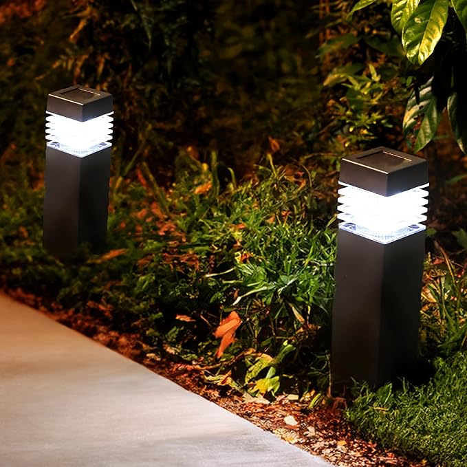 TECHKO Solar Small Bollard Rectangular Pathway Lights – 4-Pack, Dusk-to-Dawn, Weather-Resistant Outdoor LED Lighting