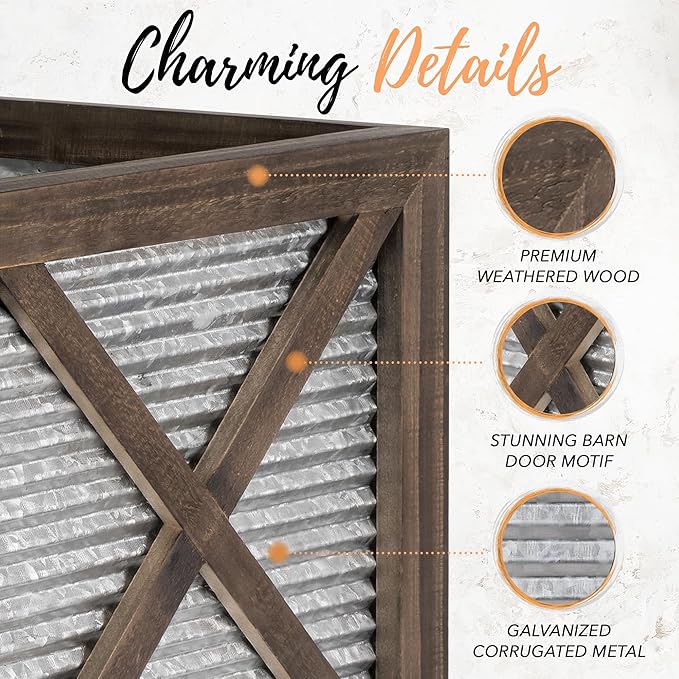 Autumn Alley Farmhouse Front Porch Planters Set of 2 Stand with Galvanized Corrugated Metal Planters for Outdoors/Indoors - Rustic Wood Square Planters Box on Legs – Charming Farmhouse Décor, Brown