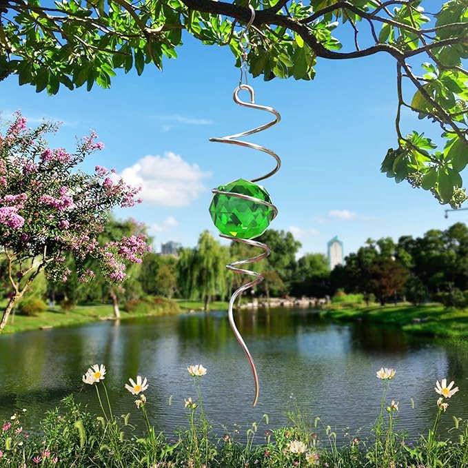 Fonmy Gazing Ball Spiral Tail -Decorative Wind Spinner Sun Catcher Rainbow Maker 11 inch Tail and 2 inch Green Crystal Orb. Indoor Outdoor Garden Decoration -13 inch Height