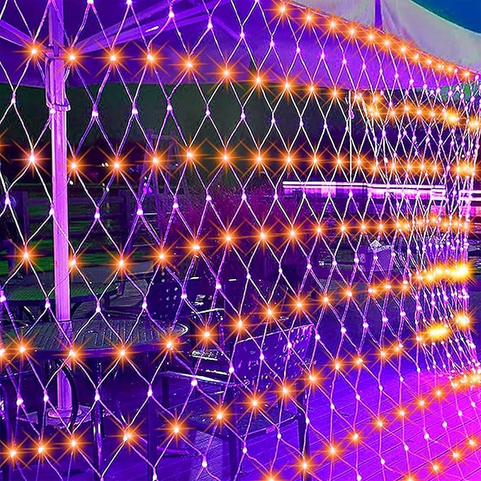 WATERGLIDE Outdoor Halloween Net Lights, 12FT x 5FT 360 LED Fairy String Light with 8 Lighting Modes, Connectable Light Safe Adaptor for Garden Tree Bushes Holiday Party Decorations, Orange & Purple