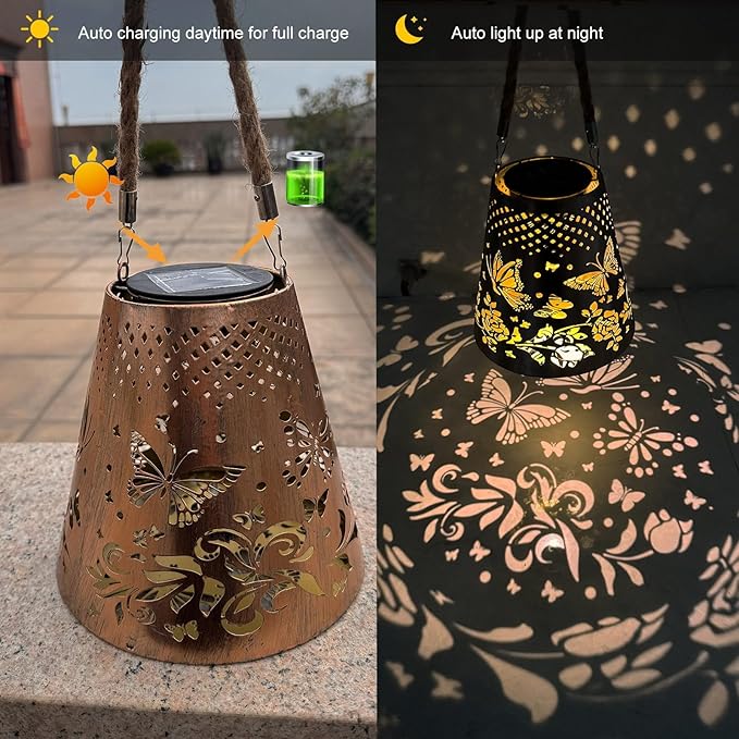 Hanging Solar Lanterns Outdoor Waterproof Butterfly Solar Lights Metal Outdoor Decor, LED Decorative Solar Garden Lights for Garden, Backyard, Tree, Porch(1 Pack)