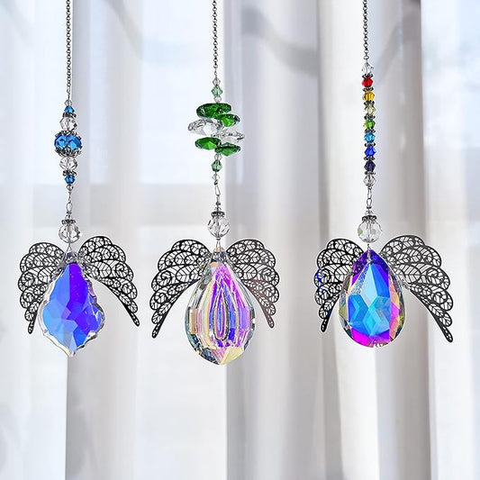 H&D HYALINE & DORA Metal Angel Wing Pendant with Rainbow Crystal Prisms Suncatcher Window Home Christmas Hanging Decor,Set 3pcs