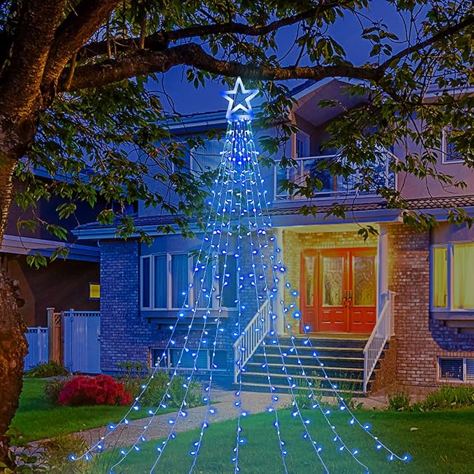 Christmas Decorations Star String Lights, 320 LED Waterfall Tree Lights with 13" Topper Star 8 Lighting Modes Indoor Outdoor Decorative for New Year, Holiday, Wedding, Party