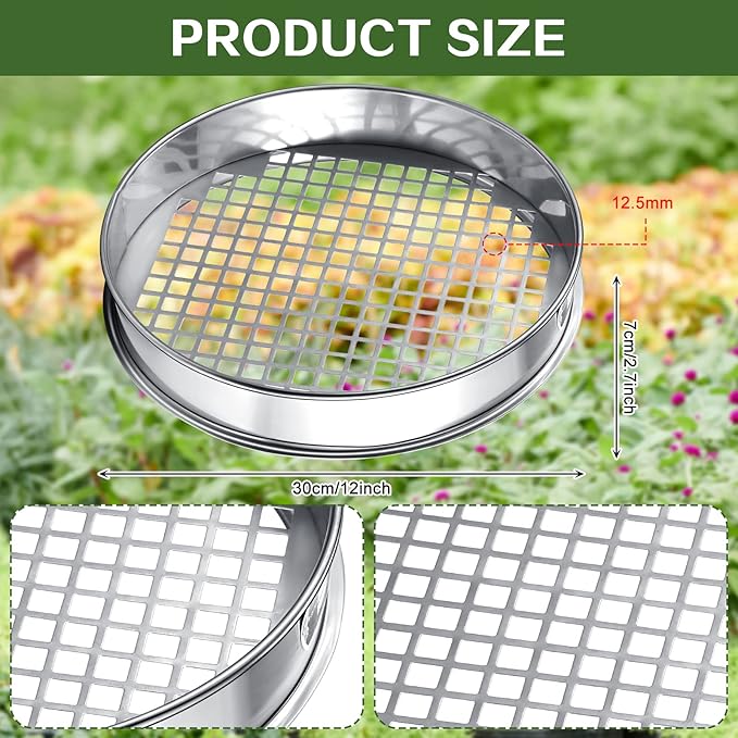 11.81 Inch Sand Sifter Sieve for Gardening Sand Sifter Garden Dirt Sifter for Rocks Stainless Steel Soil Riddle Sieve Mesh Filter Compost Screen 12.5 mm in Hole Size Bonsai Gardening Tool