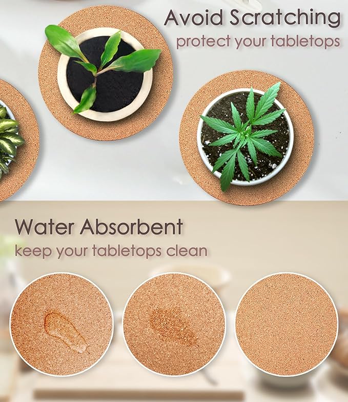 Cork Plant Coasters, 3 Sizes Double Layers Hard Thick Cork Planter Coaster, 4/6/8 Inch Absorbent Cork Plant Mats, Cork Trivets for Hot Dishes, Cork Plant Coasters for House Plants, 10 Pcs