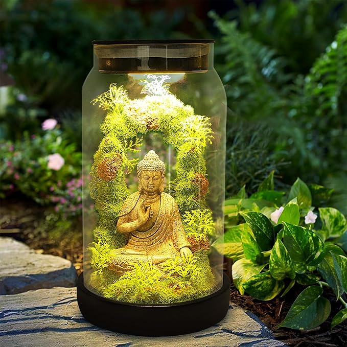 Solar Garden Buddha Statue for Home Decor - 9.8'' Zen Solar Lights Sculptures Decor with 15 LED, Sitting Meditating Buddha Serene Moss Figurine in Jar for Patio Lawn Yard Good Luck Housewarming Gifts