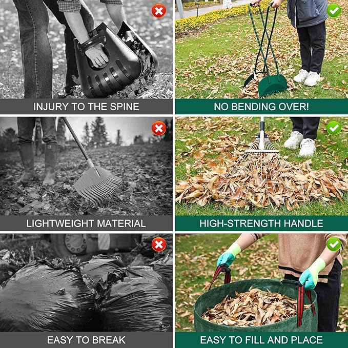 Leaf Grabber and Leaf Rake Set Includes Leaf Scoops with Long Handle, Adjustable Metal Leaf Rake, 79 Gallon Reusable Yard Waste Bags and Work Gloves, Leaf Collector Yard Tools