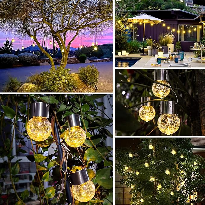 12Pack Hanging Outdoor Solar Lights - Decorative Cracked Glass LED Ball Lights Waterproof Tree Solar Powered Globe Lights with Handle for Garden Yard Patio Fence Christmas Decoration, Warm White