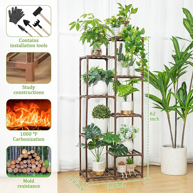 Dreyoo Plant Shelf with Grow Light, 8 Tiered Wood Plant Stand Indoor with Full Spectrum Grow Light for Corner, Multi Layer Tall Lighted Flower Stand for Living Room/Balcony/Outdoor/Garden Display