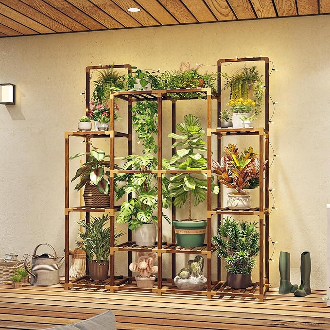 EnHomee Plant Stand Indoor Tall Plant Stand Outdoor Large Wood Plant Shelf Indoor for 14 Pots Plants,4-tiers Plant Holder for Patio Living Room Gardening Balcony 44.8" Wx47.2 Hx11.78 D
