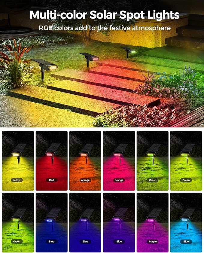 Solar Spot Lights Outdoor Waterproof IP67, RGB Landscape Lighting with Remote & Timer, Color Changing Solar Uplights Outdoor for Trees, Garden, Yard, and Pathway (4 Pack)