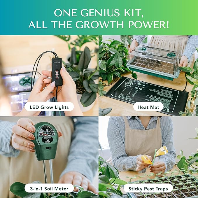 Upgraded Seed Starter Tray with Grow Lights and Heat Mat, 3-in-1 Soil Meter, & Sticky Gnat Traps, 40-Cell Seed Growing Tray, Germination & Plant Propagation Station for Indoor Plants