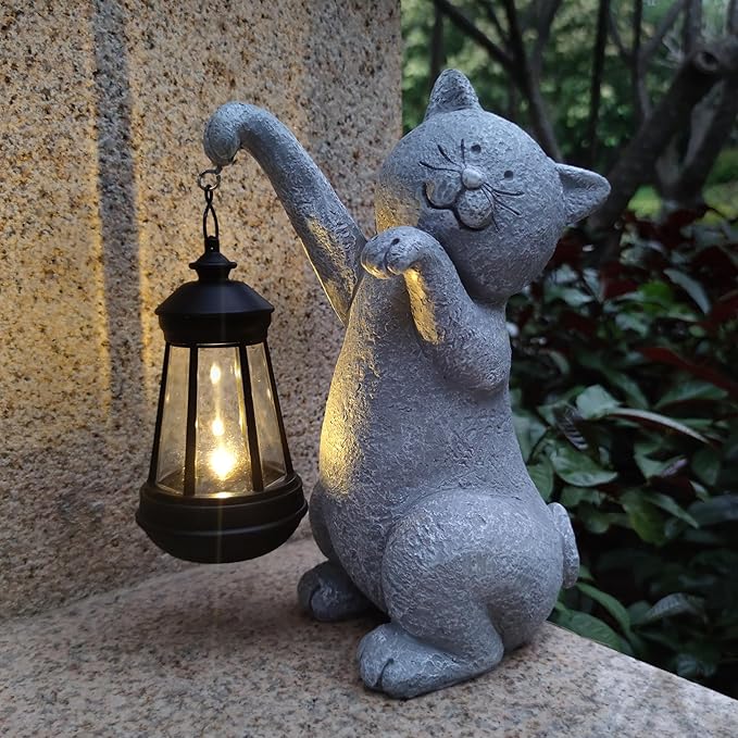 Cat Solar Garden Statues,Resin Cat Figurine Decorations with Solar Lights Lantern, Outdoor，Statue Decor Art for Lawn,Yard,Unique Housewarming Gift for Garden Home