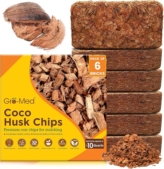 Gro-Med Coco Husk Chips Brick 6-Pack Expands Upto 42 Quarts Coconut Coir Chip 6.6lb, Perfect for Plants, Gardening, Potting Soil Mix, Orchid Bark Alternative - OMRI Certified, Low EC, Balanced pH