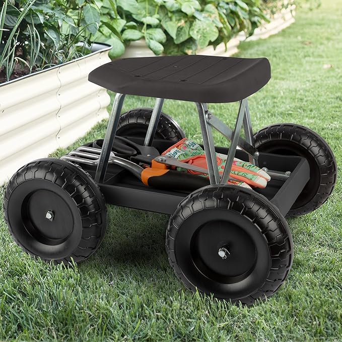 Pure Garden Gardening Stool - Rolling Garden Seat with Wheels and Storage Tool Tray - Garden Cart Scooter - Yard Tools (Black)