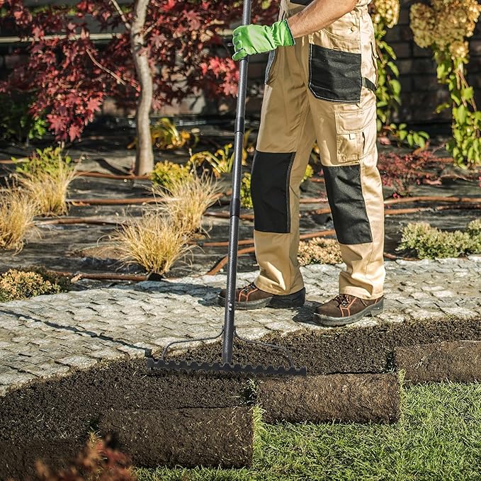 Garden Rake, 6FT Bow Rake Heavy Duty Leveling Rake with Adjustable Handle, 17 Tines Wide Head Metal Thatch Rake for Gardening Leaves Lawn Yard Mulch Rake