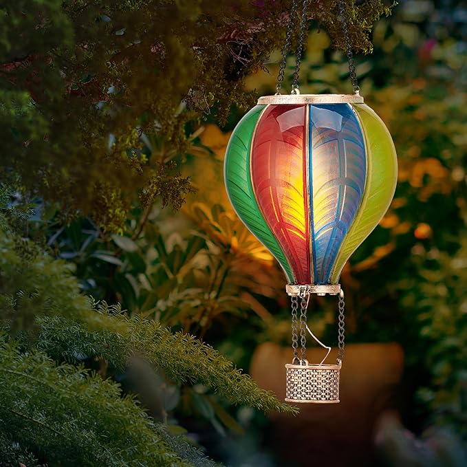 TERESA'S COLLECTIONS Hot Air Balloon Solar Lantern for Garden Decor ,Flickering Flame Hanging Solar Light for Outdoor ,Colorful Plastic Lamp for Yard Tree Gift for Mom