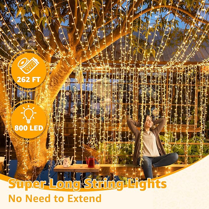 Ollny Outdoor String Lights 800LED 262FT, Warm White Waterproof Fairy Light with Remote Plug in, 8 Modes Timers Dimmable Christmas Lights for Outside Indoor Bedroom Patio Camping Garden