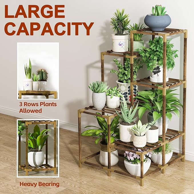 HOMKIRT 11 Tier Corner Plant Stand Indoor with Grow Light, Wood Tiered Tall Plant Shelf Flower Stand for Multiple Plants for Patio Porch Living Room