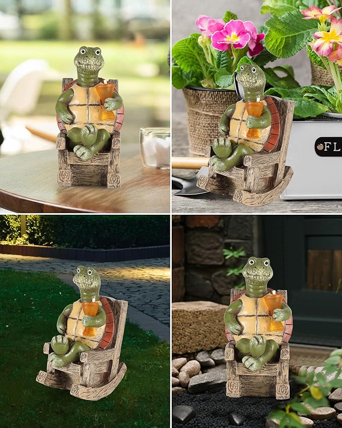 iStatue Solar-Powered Turtle Figurine Light with Glowing Cup - 5.5 in Lifelike LED Decorative Lamp for Outdoor Ambiance - Patio Table, Yard & Garden Decor (Turtle)