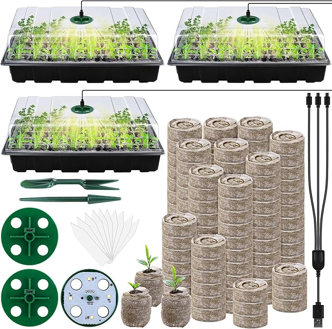 3 Pack Seed Starter Tray Kit with Grow Light Germination Trays with Humidity Dome, 120 Peat Pellets, Gardening Tools, Plant Labels, Plant Growing Trays for Seeds Growing Starting, Black