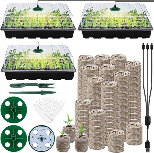 3 Pack Seed Starter Tray Kit with Grow Light Germination Trays with Humidity Dome, 120 Peat Pellets, Gardening Tools, Plant Labels, Plant Growing Trays for Seeds Growing Starting, Black