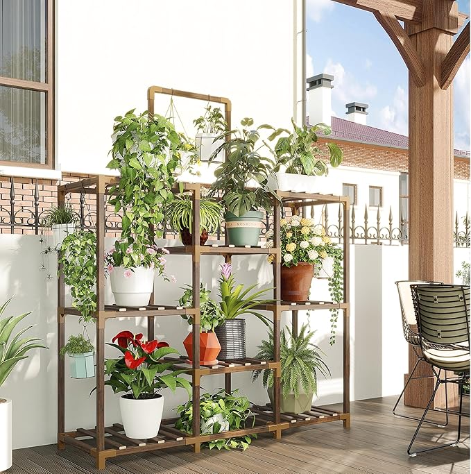 EnHomee Plant Stand Indoor Large Plant Stands Outdoor 5 Tiers Wood Tiered Plants Shelf for Multiple Plants with 8 Potted 34.3" W x 11.8" D x 47.2" H